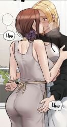 apron blonde_hair brown_eyes brown_hair daughter fully_clothed imagination incest keep_it_a_secret_from_your_mother kissing large_ass mother na-yeon webtoon workout_clothes yeon-ah yuri