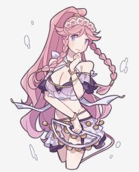 1girls alternate_costume bikini braid breasts cleavage closed_mouth cropped_legs female female_only fire_emblem fire_emblem_awakening fire_emblem_heroes flower_wreath haconeri head_wreath high_ponytail instrument large_breasts long_hair nintendo official_alternate_costume olivia_(fire_emblem) olivia_(summer)_(fire_emblem) pink_hair purple_eyes shy simple_background solo sparkle swimsuit tambourine twin_braids very_long_hair wavy_mouth white_background white_bikini white_swimsuit