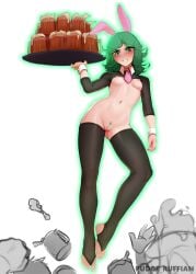 1girls absurdres alcohol animal_ears beer beer_mug black_dress blush breasts cup curly_hair dress fake_animal_ears feet female female_pubic_hair flipped_hair floating from_below green_eyes green_hair highres legs long_sleeves looking_at_viewer meme_attire mug nipples no_shoes one-punch_man pubic_hair pudgeruffian pussy rabbit_ears reverse_bunnysuit reverse_outfit small_breasts solo_focus stirrup_legwear tatsumaki teeth thighhighs toeless_legwear toes tray