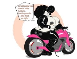 1boy anthro ass_cleavage big_ass big_ass_(male) big_breasts big_butt big_chest big_hair big_pecs black_hair canid canine canine huge_breasts huge_chest huge_pecs male male_only milo_(yifforroarts) motorcycle nipple_piercings offering offering_ride offering_to_viewer solo solo_male yifforroarts