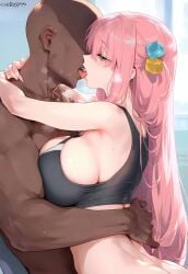 1boy 1girls ai_generated big_ass big_butt bocchi_the_rock! breast_press_on_chest closed_eyes dark-skinned_male dark_skin fat_ass french_kiss gigantic_breasts gotou_hitori hair_ornament huge_breasts interracial kissing light-skinned_female light_skin long_hair massive_breasts muscular_male nakatori nude nude_male pink_hair squatting straight sweat sweatdrop tank_top voluptuous voluptuous_female