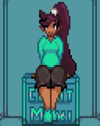 animated animated_gif cameltoe countmoxi dark_skin fully_clothed happy horny horny_female legs long_hair looking_at_viewer original original_character pixel_animation pixel_art pov purple_eyes purple_hair seductive seductive_look seductive_smile smile spread_legs tight_clothing