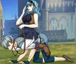 1boy 1girls all_fours alternate_costume alternate_hairstyle ashe_ubert bdsm bit_gag breasts bridle female femdom fire_emblem fire_emblem:_three_houses fire_emblem_warriors:_three_hopes gag gagged horseback_riding large_breasts male malesub marianne_von_edmund neith15 nintendo official_alternate_hairstyle outdoors petplay pony_play reins riding sitting sitting_on_person yawn
