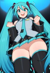 1girls afrobull_(style) ai_generated aqua_eyes aqua_hair breasts clothing from_below hair_between_eyes hatsune_miku long_hair looking_at_viewer no_panties pussy simple_background skirt solo thick_thighs thighhighs thighs twintails upskirt vocaloid