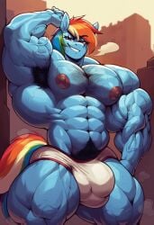 abs ai_generated ambush_(trap) armpit_hair bulge chest_hair extreme_muscles genderswap_(ftm) hairy_armpits hairy_arms hairy_chest male male_only muscular muscular_male my_little_pony rainbow_dash_(mlp) rule_63 sewoh solo