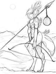 absurd_res anthro bow_(weapon) breasts canid canine canis clothing collar digitigrade domestic_dog female hair hi_res mammal melee_weapon monochrome multi_nipple nipples nude outside polearm pussy ranged_weapon simple_background snout solo spear standing torn_clothing tribal watsup weapon white_background