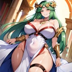 1girls ai_generated alternate_breast_size big_breasts bostin breasts busty curvaceous curvy curvy_body curvy_female curvy_figure dress female huge_breasts kid_icarus large_breasts nipples no_panties palutena solo sweat sweating sweaty sweaty_body sweaty_breasts thick_thighs thighs venus_body