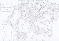 3girls bandana bansyo31 beanie breasts breasts_out clothed_female clothing creatures_(company) dawn_(pokemon) expressionless female female_only game_freak gloves hilda_(pokemon) hypnosis may_(pokemon) medium_breasts midriff mind_control multiple_girls navel nintendo nipples no_bra panties pokemon pokemon_bw pokemon_dppt pokemon_rse shirt shirt_lift shorts tagme text traditional_media_(artwork) translation_request