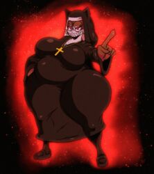 big_breasts breasts fat feline female glasses hand_on_hip m_acrylic nun nun_outfit ophelia_(sssonic2) sharp_teeth thick_thighs wide_hips