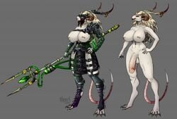 armor dagger dickgirl full_body furry futa_only futanari horns intersex kiguryu rat_girl skaven standing tail trident warhammer_(franchise) warhammer_fantasy weapon