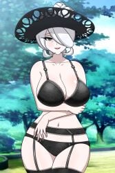 black_bra black_panties bra breasts cogita_(pokemon) collarbone female garter_belt garter_straps hat huge_breasts large_breasts lingerie mature mature_female navel nintendo panties pokemon short_hair stomach tagme underwear voluptuous white_hair white_skin wide_hips yensh