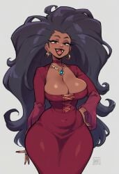 ai_generated breasts breasts_out clothing dark-skinned_female dark_skin ear_piercing fangs female female_only looking_at_viewer milf nipples ok_k.o.!_let's_be_heroes vampire vampire_girl wilhamena