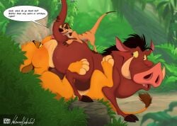 cub dialogue feral feral_on_feral feral_only furry gay infamousmustelid lion meerkat pumbaa rimjob rimming simba the_lion_king timon warthog yaoi
