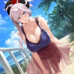 ai_generated beach big_breasts fate/grand_order fate_(series) mature_female miyamoto_musashi_(fate) pink_hair plusmolfa