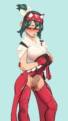 absurdres blush closed_eyes female gloves green_hair highres kiriko_(overwatch) overwatch overwatch_2 pussy pussy_juice short_hair simple_background spicyf4u sweat