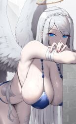 angel angel_wings bikini blue_eyes breasts cleavage female_only halo highres huge_breasts long_hair original shiroshisu sideboob solo swimsuit white_hair winfs