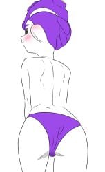 1boy ass back back_view blue_eyes blush digital_drawing_(artwork) digital_media_(artwork) femboy gay girly inkrinkr looking_at_viewer looking_back male_only monster_femboy octoling octoling_boy original_character panties partial_male partially_nude pose purple_panties simple_background simple_coloring splatoon white_background