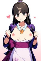 2d aerolae ai_generated black_hair blush breasts breasts_focus capcom execro female flashing_breasts gyakuten_saiban highres maya_fey medium_breasts nipples novelai pink_nipples pov pov_male presenting_breasts solo uncensored