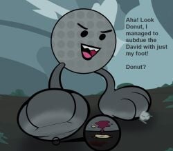 1female 2boys 2males battle_for_dream_island big_paws black_eyes color colored crushed crushing dark_grey_body dark_grey_fur david_(bfdi) disregardigan donut_(bfdi) fangs feet female female foot_fetish golf_ball_(bfdi) gore large_feet male object_show object_shows one_foot_raised storm team_leader text twitter_link