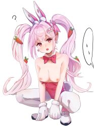 1girls accidental_exposure alice_(nikke) alice_(wonderland_bunny)_(nikke) breasts bunny_ears bunnysuit exposed_breasts female_only goddess_of_victory:_nikke nipples no_bra open_mouth pink_eyes pink_hair squatting twintails upper_teeth white_background