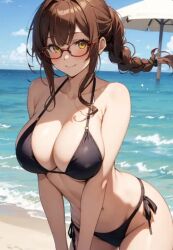 ai_generated beach_umbrella bikini_only black_bikini black_bikini_bottom black_bikini_top blush blush braided_hair braided_ponytail cleavage glasses happy high_school_dxd high_tide in_love kiryuu_aika large_breasts long_bangs nipple_bulge ocean ocean_background over_the_shoulder side_bangs smile sunlight yellow_eyes