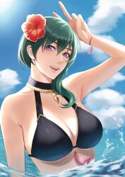 1girls alternate_costume alternate_hairstyle bikini black_bikini black_swimsuit blue_eyes breasts byleth_(female)_(fire_emblem) byleth_(female)_(summer)_(fire_emblem) byleth_(fire_emblem) byleth_(summer)_(fire_emblem)_(female) cleavage female female_only fire_emblem fire_emblem:_three_houses fire_emblem_heroes flower green_hair halterneck hibiscus large_breasts nintendo ocean official_alternate_costume open_mouth outdoors partially_submerged solo swimsuit tassel tori_art07 underboob upper_body