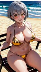 ai_generated beach big_breasts bikini female golden_bikini golden_eyes hips original_character shiny_skin smile stable_diffusion thick_thighs white_hair xceed