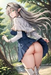 ai_generated college elf elf_ears green_eyes hentai lifting_skirt no_panties silver_hair skirt tbate tessia_eralith the_beginning_after_the_end white_hair