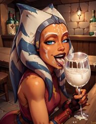 1female 1girls ahsoka_tano ai_generated alien alien_girl alien_humanoid bar bar_counter bare_shoulders big_hair blue_eyes brown_gloves brown_lips clone_wars clothed clothing cum cum_chugging cum_dripping cum_in_glass cum_in_mouth cum_on_face cum_on_tongue drinking_cum dripping dripping_cum eating_cum female female_only fingerless_gloves fully_clothed glass gloves gokkun happy happy_female hmember holding_glass holding_object lamp licking_cum lips looking_at_viewer loving_gaze loving_it lucasfilm makeup medium_hair nai_diffusion only_female open_mouth orange_body orange_skin pub red_clothing seductive seductive_eyes seductive_look seductive_smile shiny_skin sitting skinny small_breasts smile solo solo_female solo_focus stable_diffusion star_wars tattoo tattoo_on_face tavern teenager teeth tentacle_hair togruta tongue tongue_out wine_bottle wine_glass young younger_female