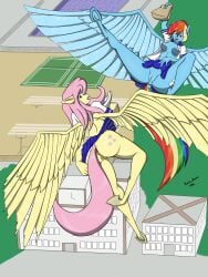 anthro anthrofied anus big_breasts bottomwear breasts clothed clothing cutie_mark dock_(anatomy) duo equid equine female fluttershy_(mlp) flying friendship_is_magic genitals hair hasbro hi_res hooves mammal medium_breasts multicolored_hair multicolored_tail my_little_pony mythological_creature mythological_equine mythology nipples open_clothing open_shirt open_topwear pegasus pussy rainbow_dash_(mlp) rainbow_hair rainbow_tail sailoranna shirt skirt spread_legs spread_wings spreading tail topwear wings