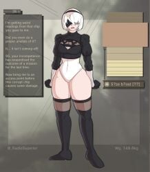 1girls blindfold breasts clothing dialogue english_text female female_only hairband light-skinned_female light_skin nier nier:_automata radiosuperior short_hair solo text thighhighs weight_gain white_hair yorha_2b