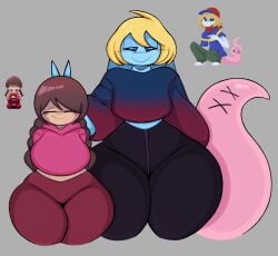 1boy 1female 1femboy 1girls =_= alien anthro artist_request bedroom_eyes big_breasts black_sclera blonde_hair blue_body blue_eyes character_request child_bearing_hips closed_eyes digital_media_(artwork) earthbound femboy fully_clothed gieeg highres hoodie madotsuki nervous nervous_smile niiue nintendo peace_sign shortstack simple_background sitruspuffy size_difference smug thick_thighs wide_hips yume_nikki