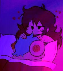 1boy 1girls after_sex bed bedroom big_breasts boyfriend_(friday_night_funkin) canon_couple color_edit couple edit femdom friday_night_funkin girlfriend_(friday_night_funkin) hearts_around_head hug naked nipples pillow_tits smile smirk smothering starrock64 sweat wholesome