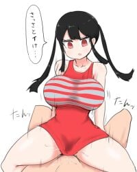 1boy :o assertive_female black_hair bouncing_breasts breasts clothed_sex collarbone commentary_request cowboy_shot cowgirl_position cowgirl_position dress empty_eyes expressionless female highres huge_breasts implied_sex jitome long_hair long_sidelocks looking_down lower_body lying madoro mamiya_hina motion_lines on_back original red_dress red_eyes sex short_dress sidelocks simple_background sitting sitting_on_person sleeveless sleeveless_dress sound_effects speech_bubble straddling tsurime twintails v-shaped_eyebrows vaginal_penetration white_background