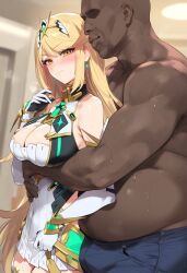 ai_generated blonde_female blonde_hair blonde_hair_female breasts cheating dark-skinned_male dark_skin dress interracial large_breasts long_hair mrteardrop mythra netorare ntr xenoblade_(series) xenoblade_chronicles_2 yellow_eyes yellow_hair