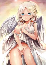 absurd_res absurdres angel angel_girl angel_wings areola blonde_hair blue_eyes exposed_breasts female halo hi_res highres large_breasts masturbating masturbation nipple_visible_through_clothing nipples ribbon ribbons sen_(astronomy) sweat sweatdrop upscaled white_dress