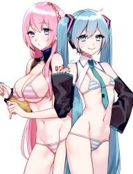 2girls absurdres aqua_bikini aqua_eyes aqua_hair aqua_nails aqua_necktie aqua_trim arm_tattoo back-to-back bare_shoulders bikini black_sleeves blue_eyes blue_nails breasts brooch closed_mouth collar_bikini_miku_(meme) collared_bikini collared_shirt cowboy_shot detached_sleeves flat_chest hair_between_eyes hair_ornament hair_over_shoulder hand_on_own_hip hand_up hatsune_miku hatsune_miku_(collared_bikini) headset highres jewelry large_breasts long_hair long_sleeves looking_at_viewer megurine_luka meme meme_attire multicolored_bikini multicolored_clothes multiple_girls nail_polish navel necktie nogikawa number_tattoo parted_lips pink_bikini pink_hair shirt signature simple_background smile standing striped_bikini striped_clothes sweatdrop swimsuit tattoo teeth turtleneck two-tone_bikini v-shaped_eyebrows very_long_hair vocaloid wavy_mouth white_background white_bikini white_shirt