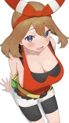 1girls 2d alternate_breast_size belt big_breasts biker_shorts black_shorts blue_eyes breasts brown_hair cleavage digital_media_(artwork) female female_focus female_only fully_clothed huge_breasts large_breasts may_(pokemon) may_(pokemon_oras) nekoshoko nintendo pokemon pokemon_oras shorts solo solo_female solo_focus white_background white_shorts