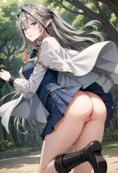 ai_generated college elf elf_ears green_eyes hentai lifting_skirt no_panties silver_hair skirt tbate tessia_eralith the_beginning_after_the_end white_hair