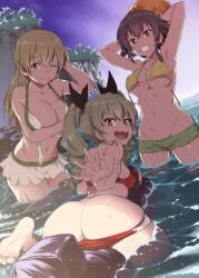 3girls anchovy_(girls_und_panzer) ass bikini bikini_pull carpaccio_(girls_und_panzer) covering_breasts girls_und_panzer inu_(aerodog) pepperoni_(girls_und_panzer) soles tagme untied_bikini wardrobe_malfunction