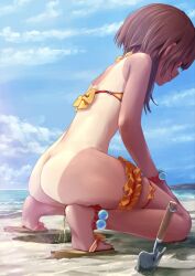 1girls ass beach bikini bikini_pull brown_hair butt clothes_pull kono_subarashii_sekai_ni_shukufuku_wo! lunalu9 megumin ocean outdoors peeing sandals shovel sky smile solo squatting swimsuit tan tanline