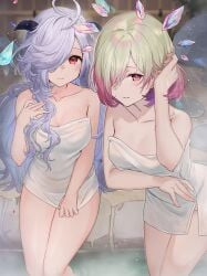 1girls 2girls ahoge breasts cleavage eitr_(fire_emblem) facial_mark female female_only fire_emblem fire_emblem_heroes floating floating_object gradient_hair green_hair grey_hair hair_over_one_eye haru_(nakajou-28) highres kvasir_(fire_emblem) leaning_forward long_hair looking_at_viewer medium_breasts multicolored_hair multiple_girls naked_towel nintendo onsen red_eyes red_hair short_hair sitting smile thighs towel two-tone_hair very_long_hair