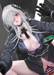 1girl1boy 2024 arknights blush choker doctor_(arknights) elf_ears female_on_top gladiia_(arknights) hair_over_one_eye hi_res implied_sex large_breasts mildt no_bra nude nude_female office office_clothing office_lady on_floor open_mouth pointy_ears pov pushed_down red_eyes shirt_open straight thighhighs white_hair
