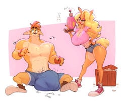 1boy 1girls acme anthro backless_gloves bandicoot big_breasts big_bulge big_hair bigdad blonde_hair box boxers breasts bulge busty claws cleavage clothed clothing crash_(series) crash_bandicoot crate curvaceous denim_shorts duo eyeshadow female fingerless_gloves fit fluffy_tail funny gloves growth gun hand_on_hips huge_breasts huge_bulge humor hyper_bulge jean_shorts larger_male laser_gun makeup male mammal marsupial muscular muscular_male naughty_dog orange_fur pecs penis_awe penis_expansion penis_growth penis_outline pink_shirt pink_top pistol rabid ranged_weapon red_lipstick short_sleeves shorts sitting smirk smug sneakers sony sony_corporation sony_interactive_entertainment standing stare tan_fur tank_top tawna_bandicoot thin_waist toony video_games weapon