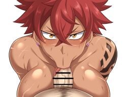 1boy 1girls angry blowjob blowjob_face breasts censored chicken_head_studio dark_skin muscular_female nude nude_female original_character penis pov pubic_hair red_hair short_hair sucking sucking_penis tattoo tomboy yellow_eyes