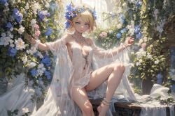 aged_up ai_generated aura_bella_fiora blonde_hair blue_eyes dolph_(artist) earrings elf elf_ears elf_female flowers flowers_on_head medium_breasts necklace overlord_(maruyama) see-through see-through_dress short_hair