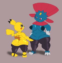 absurd_res anthro breasts casual_nudity clothing duo female female/female fuzefurry generation_1_pokemon generation_4_pokemon genitals hi_res legwear looking_at_another nintendo nipples non-mammal_nipples overweight overweight_female pikachu pokemon pokemon_(species) pussy squish thigh_highs thigh_squish weavile