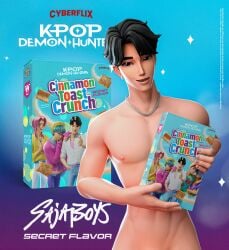 1boy 3d 3d_(artwork) 3d_artwork abby_(kpop_demon_hunters) baby_(kpop_demon_hunters) baby_saja cereal_box chain_necklace chains copyright_notice cybercanvas earring erect_nipples fortnite fortnite:_battle_royale holding_object jinu_(character) jinu_(kpop_demon_hunters) kpop_demon_hunters male male_only mystery_(kpop_demon_hunters) naked naked_male no_visible_genitalia no_visible_penis nude nude_male promotional romance_(kpop_demon_hunters) saja_boys shirtless solo solo_male tagme