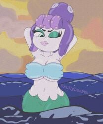 1girls barely_clothed barely_contained big_breasts bra cala_maria chubby cuphead_(game) giantess gigantic_breasts mermaid plump_lips sea skullyhearts thick_thighs wink