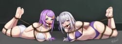 2girls anastasia_hoshin ass ball_gag belly bondage breasts captured captured_heroine duo duo_female elf elf_ears elf_female elf_girl emilia_(re:zero) feet half_naked hips kidnapped lying_on_floor lying_on_stomach partially_clothed purple_eyes purple_hair re:zero_kara_hajimeru_isekai_seikatsu silver_hair sufawest thighs tied_up underwear